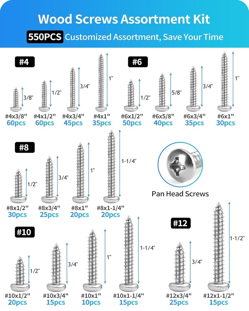 DIVANC 550Pcs 304 Stainless Steel Wood Screws Assortment Kit, Phillips Pan Head Sheet Metal Screw Self Tapping Screws Set, #4#6#8#10#12 Wood Assorted Screws, Length 1/4" to 1-1/2" (Pan Head 550PCS) - Image 2